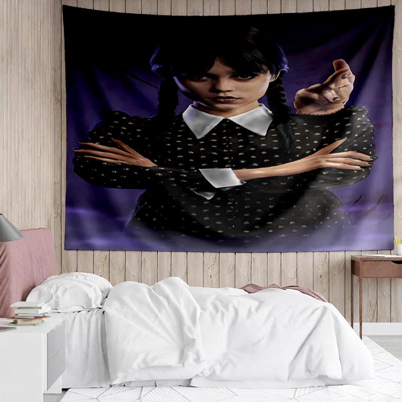 Wednesday Print Tapestry, Backdrop, Easy Setup, Ideal for Bedroom, Office & Living Room, with Aesthetic Wall Hanging Decor.