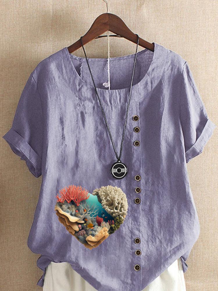 Women's Fashion Coral Heart-shaped Print Shot Sleeve T-shirt Loose Cotton Shirt Casual Loose Summer Blouse Tops Plus Size