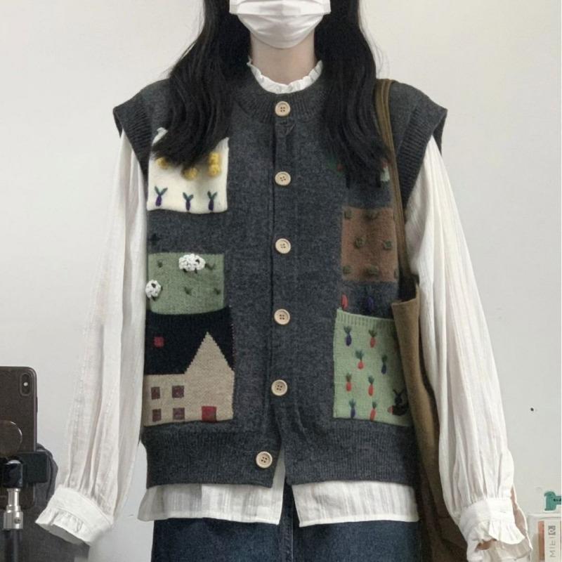 Осень и зима новый контрастный цвет ретро вязаный кардиган жилет женский свободный ленивый стиль мультяшный свитер куртка топ