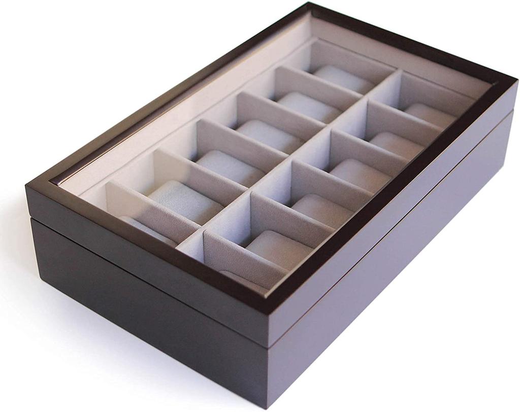CASE ELEGANCE Ящик для хранения часов из массива дерева Эспрессо 12 отделений Органайзер с прозрачной крышкой Коллекция