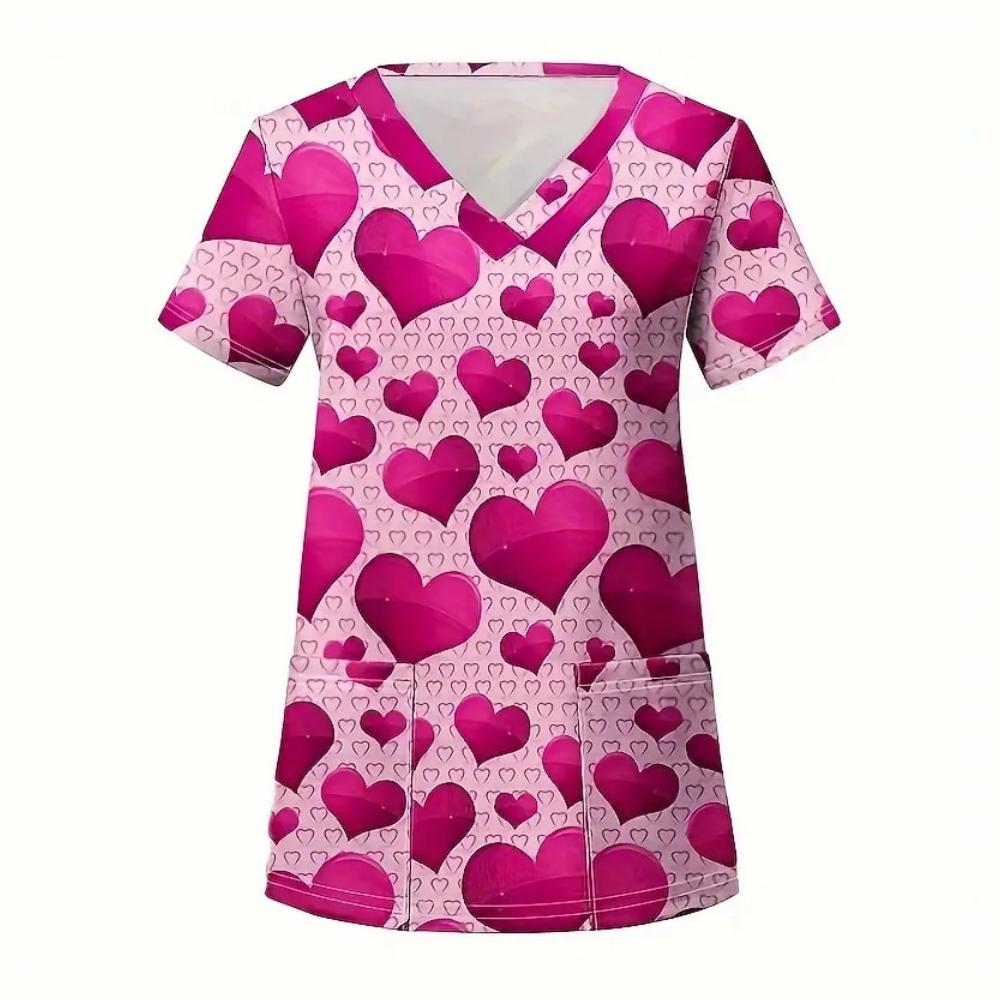 Clinical Uniform Woman Elegant Heart Print Health Care Scrub Uniform Trends V-Neck Short Sleeve Dental Nursing Uniform for Women