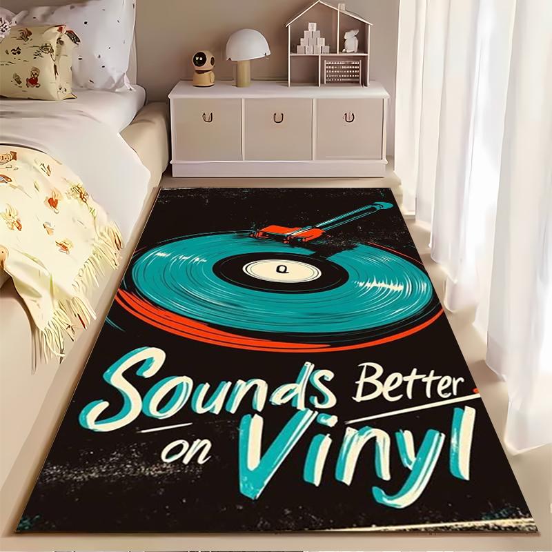 Music Art Area Rug, Sounds Better on Vinyl Turntable Record Retro Teal Red Print, Music Studio Decor, Non-Slip Mat