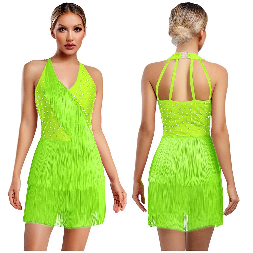 S-3XL Women Dance Bodysuit Halter Neck with Rhinestones Fringed Back Latin Tango Salsa Jazz Performance Costume Leotard