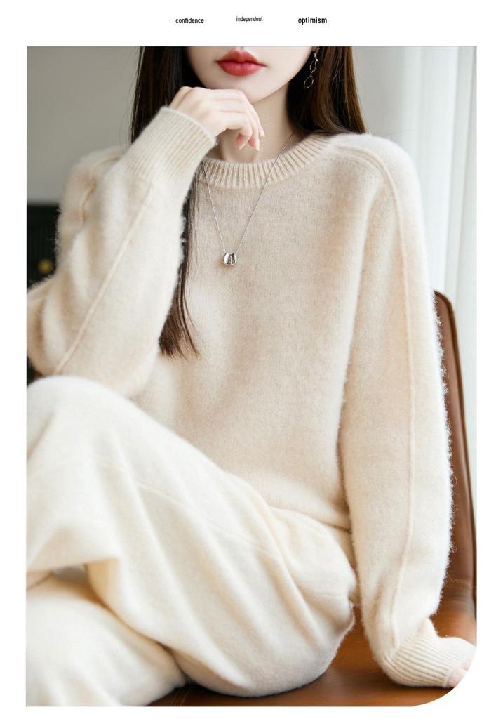 Elegant Double-Strand Round Neck Wool Sweater for Women – Long Sleeve, Loose Knit Cashmere, Slimming Design
