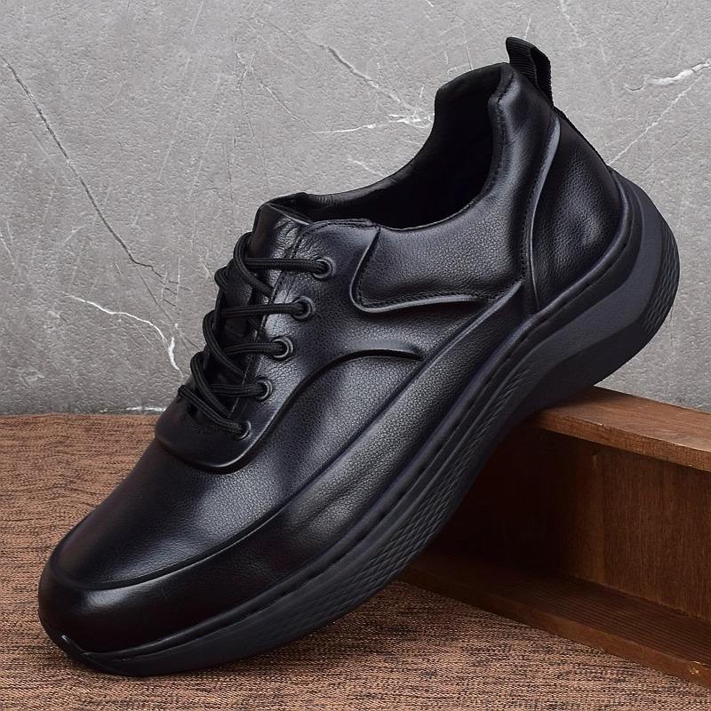 Leather breathable sports shoes men's thick sole lightweight shock absorption manual stitching casual wear-resistant first layer cowhide velvet