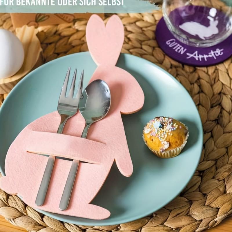 12pcs Non-Woven Fabric Easter Bunny Utensil Holder Cartoon Rabbit Cutlery Bags Desktop Decoration Solid Color Easter Fork Bag