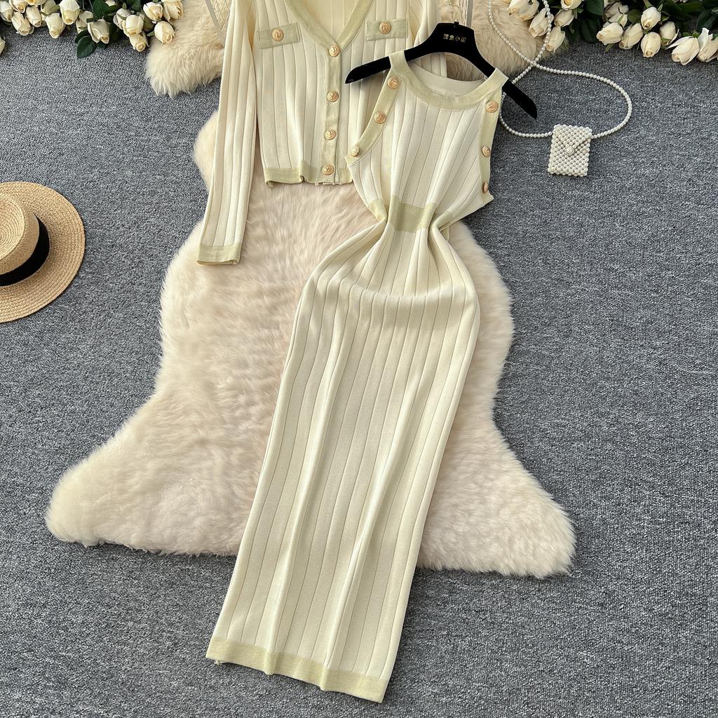 Autumn Winter Women Knitted Sweater Two Piece Set V-neck Jacket Coat and Sleeveless Long Midi Slim Bodycon Sheath Dress Suit