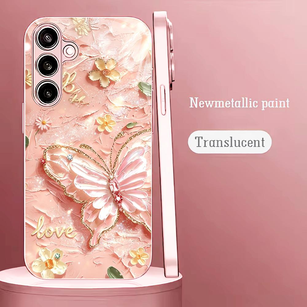 Pink Glitter Butterfly Fashion phone case s26 ultra case quad lock glass for Samsung Galaxy S26 S25 S24 S23 S22 FE Ultra Pl