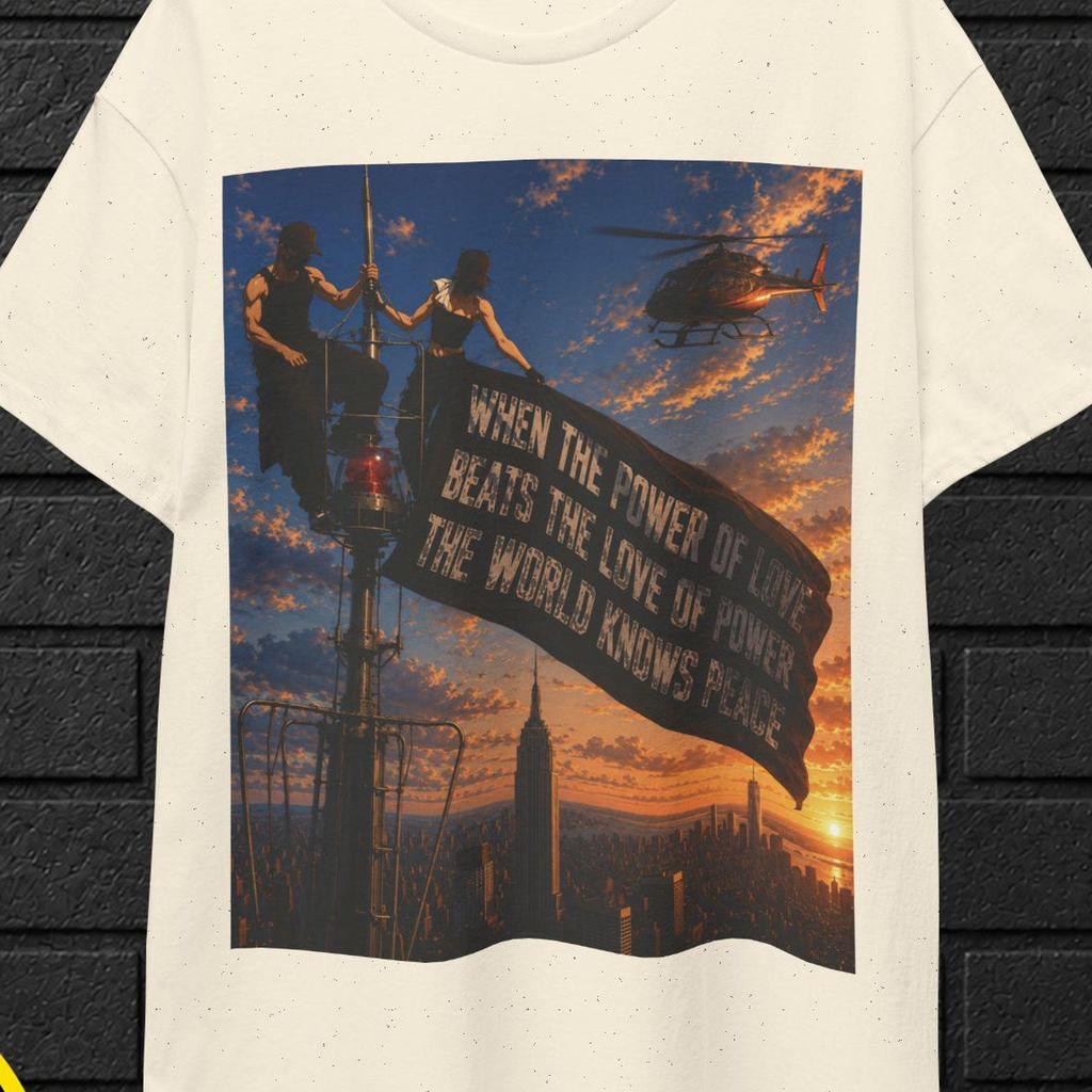 When The Power Of Love Beats The Love Of Power Shirt, Peace Quote Tee, Empire State Building Shirt, NYC Rooftop Graphic Tee