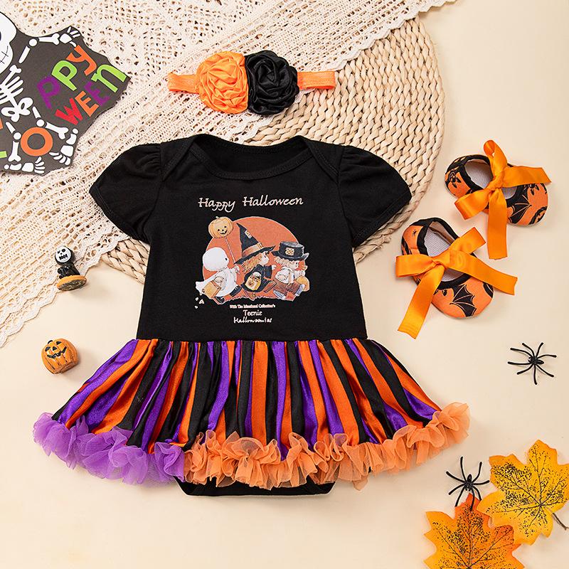 Оранжевые тыквы детские костюмы на Хэллоуин для девочек комплекты одежды для новорожденных кружевной комбинезон Petti детская обувь повязка на голову 3 шт. детская одежда