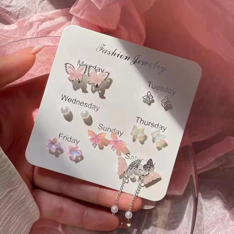7PCS SET Pink Flower Butterfly Star Pearl Stud Earring For Women Cute Exquisite Mini Earrings Jewelry Gift Wholesale Direct Sale