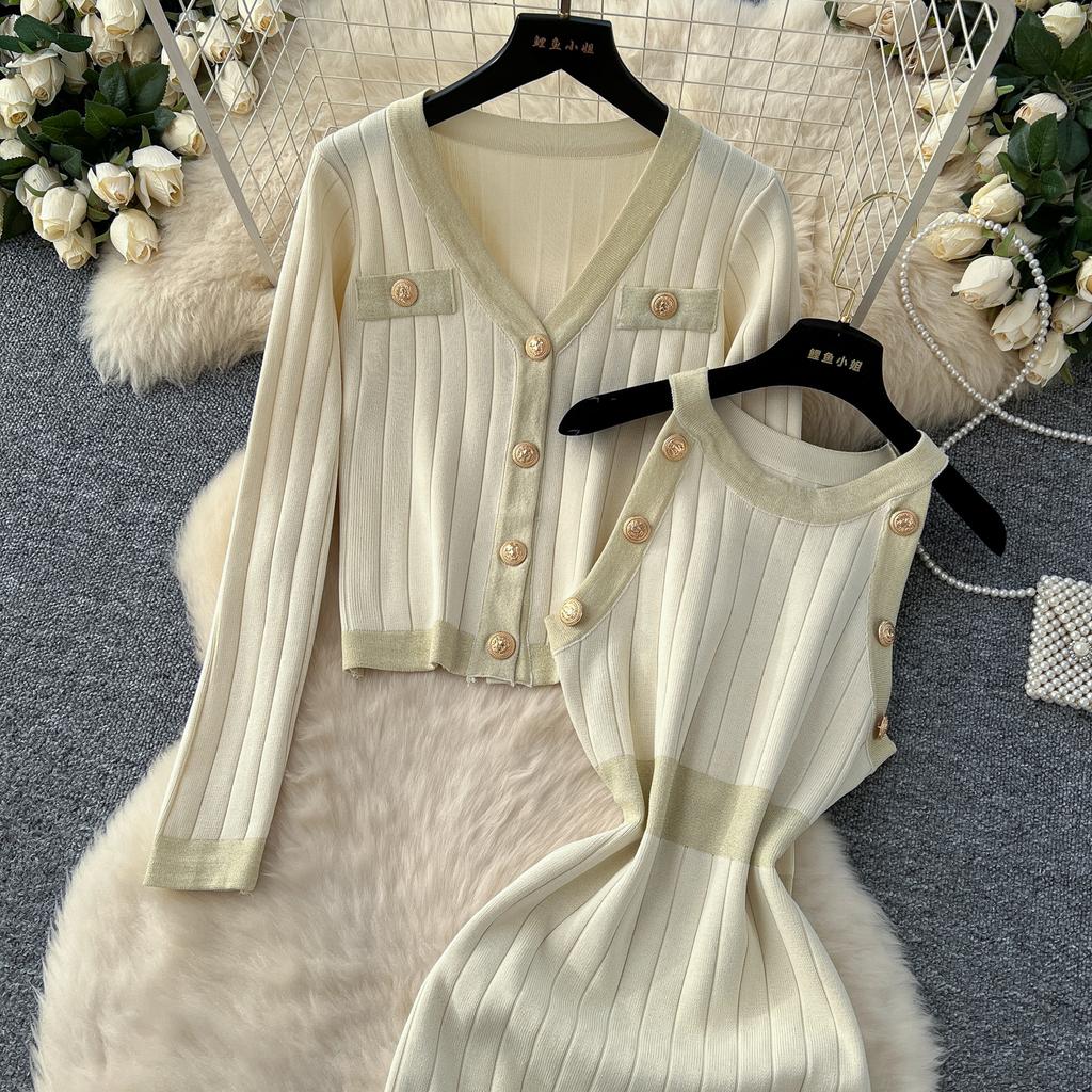 Autumn Winter Women Knitted Sweater Two Piece Set V-neck Jacket Coat and Sleeveless Long Midi Slim Bodycon Sheath Dress Suit