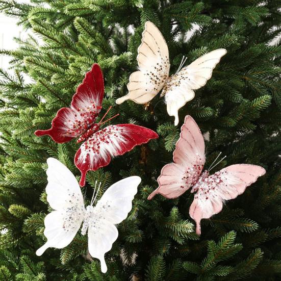 Pink Champagne Butterfly Decor Velvet Christmas Ornaments, Artificial Glitter Sequins Xmas Tree Sparkling Diamond Pendant Decoration for Holiday