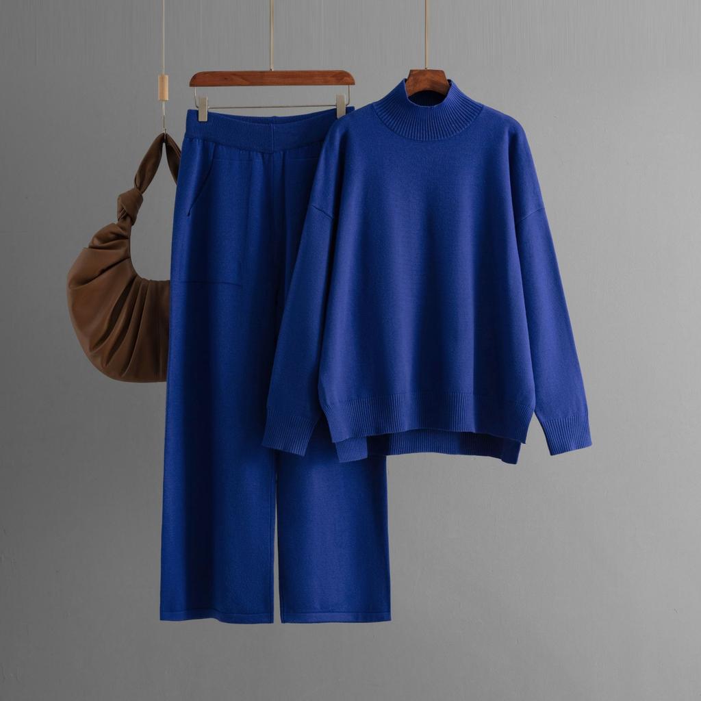 GMXIA Solid-color Knitted Semi-high Neck Slit Sweater Set for Women's Autumn and Winter Fashionable Casual Sweater Two-piece Set