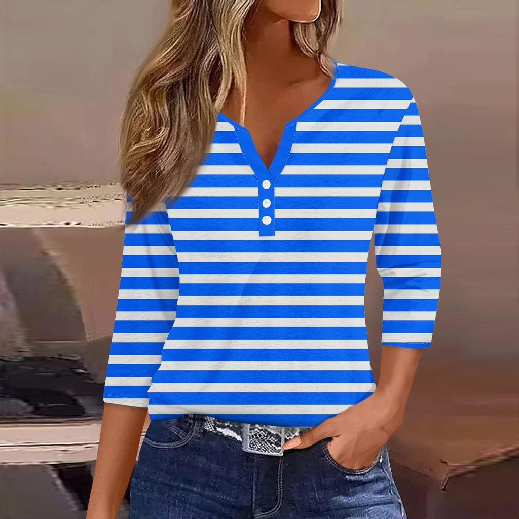 Жен. Футболка Футболка С принтом Пуговицы Рукав 3/4Ежедневно Выходные Мода Классический Топ с v-образным вырезом Обычный