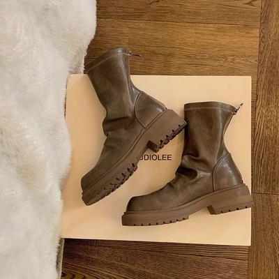 Версия из коровьей кожи виноградный матовый толстая подошва ретро кожа плиссированные задняя молния на наборном каблуке короткие ботинки женские тонкие ботинки британские ботинки Мартин