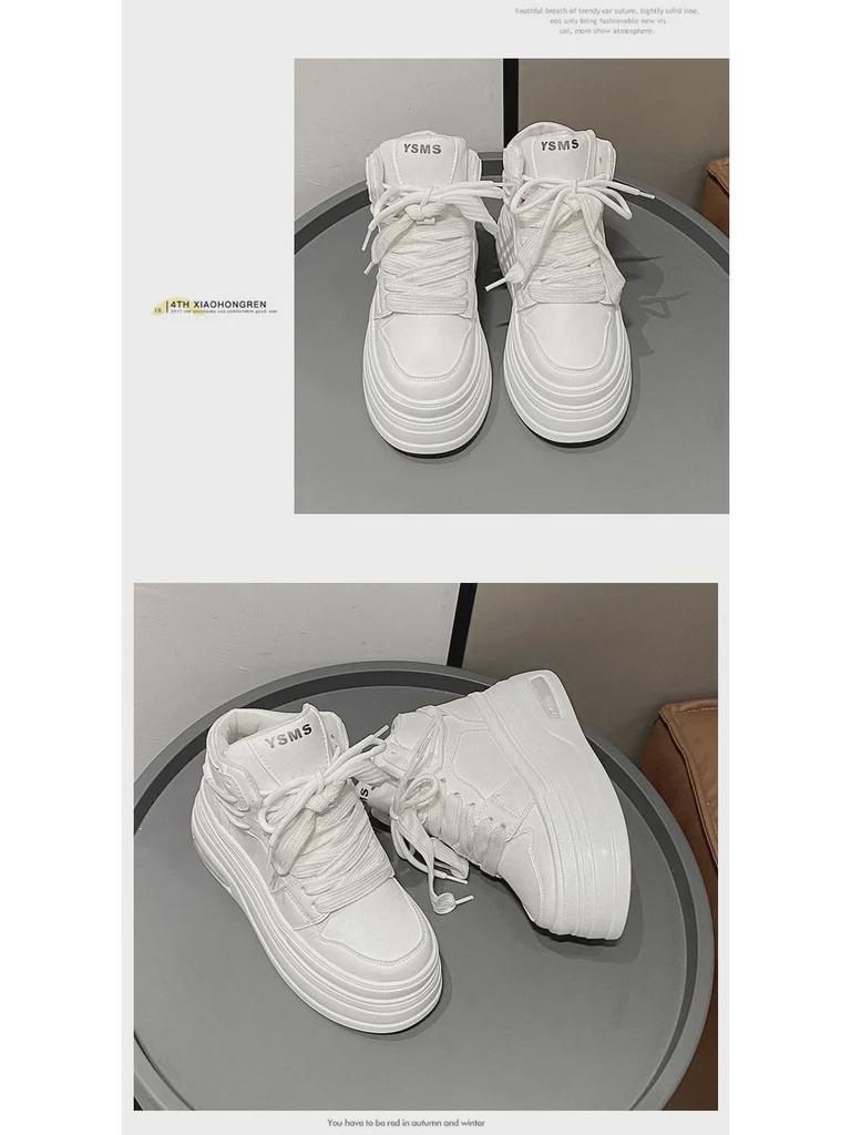 2024 Spring/Autumn Korean Platform Round-Toe White Shoes: Thick-Soled, Height-Boosting, Casual & Versatile