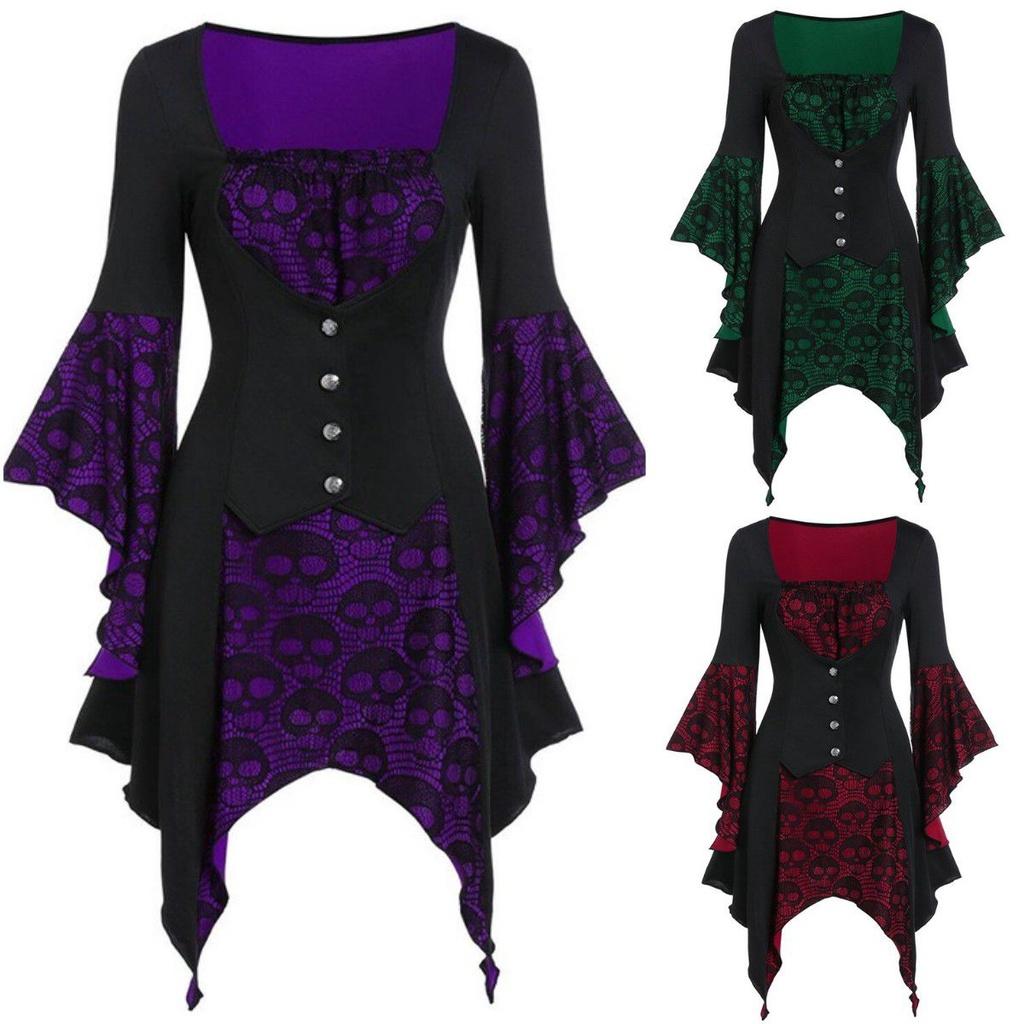 Women's Vintage Skull Head Medieval Gothic Witch Cosplay Costume Dress For Halloween Party