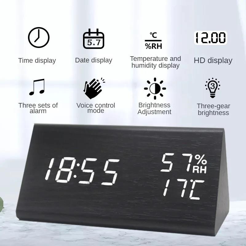 Digital Clock LED Wooden Alarm Clock Table Sound Control Electronic Clocks Desktop USB/AAA Powered Decoration Home Table Decor2