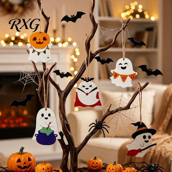 Halloween Party Supplies Ghost Wooden Hanging Sign with Hemp Rope, Cute Indoor Signs Pendants for Home Wall Decorations Outdoor Decor