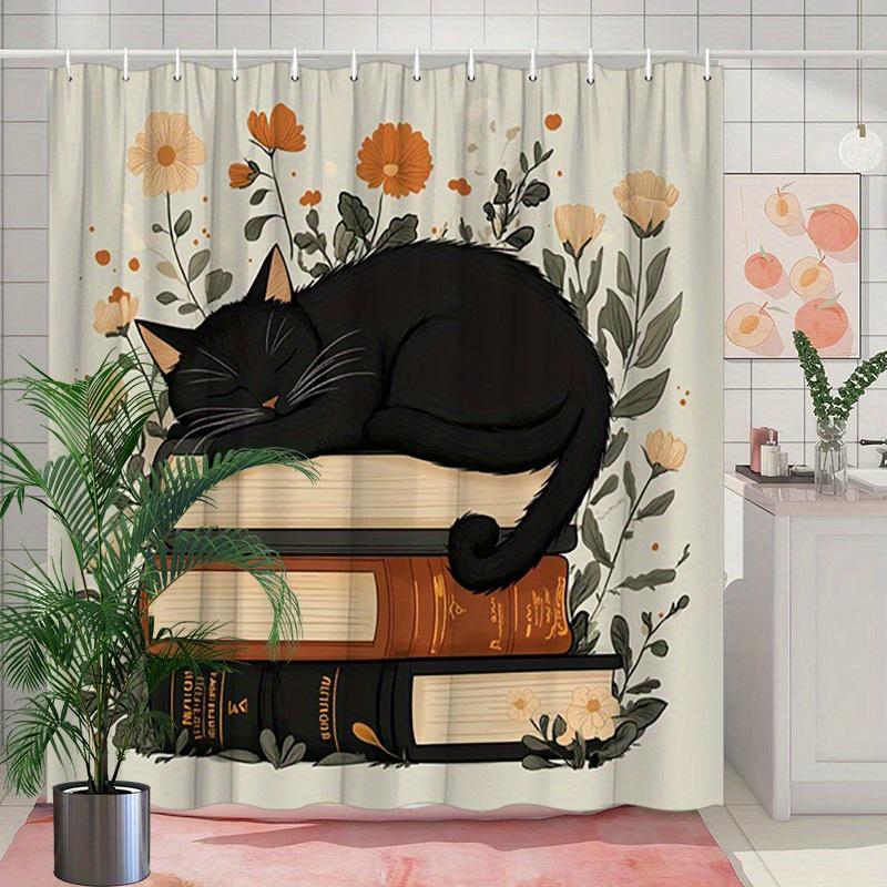 Элегантный Черный Кот На Книгах Шторка Для Душа - Водостойкая, Легко Чистится, Придаст Изысканный И Уютный Штрих Вашей
