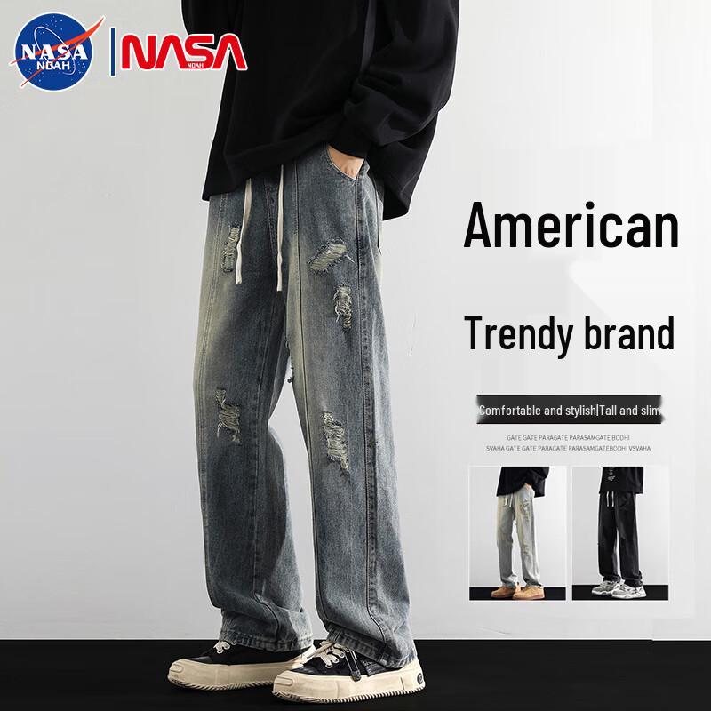 NASA NOAH Men's Retro Ripped Straight-Leg Jeans