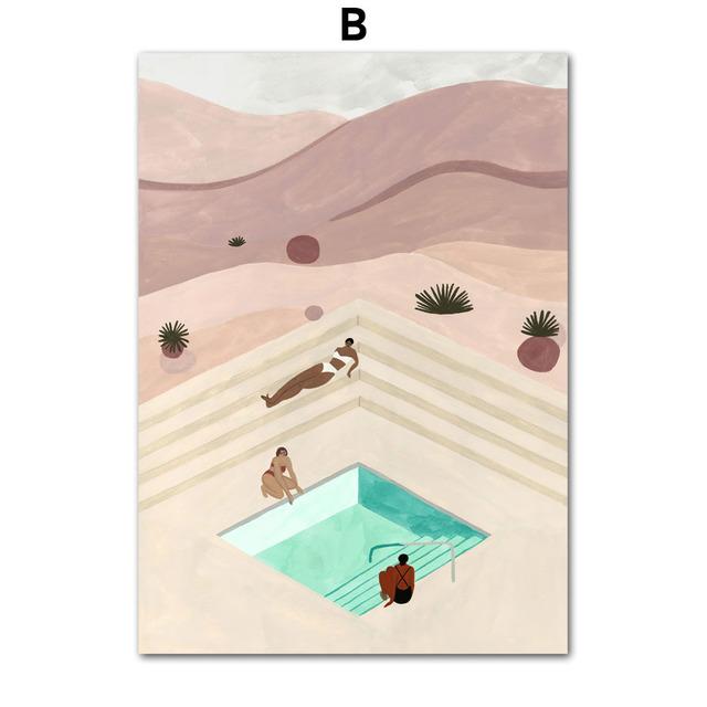 Абстрактный Марокко Пейзаж Бохо Бассейн Пляж Девушка Настенная живопись на холсте Плакаты и принты Настенные картины для декора гостиной Без рамки