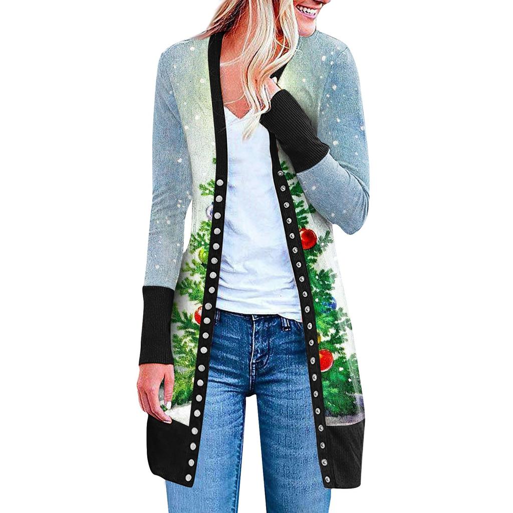 Женский повседневный кардиган с длинными рукавами и постепенным рождественским принтом, легкая куртка
