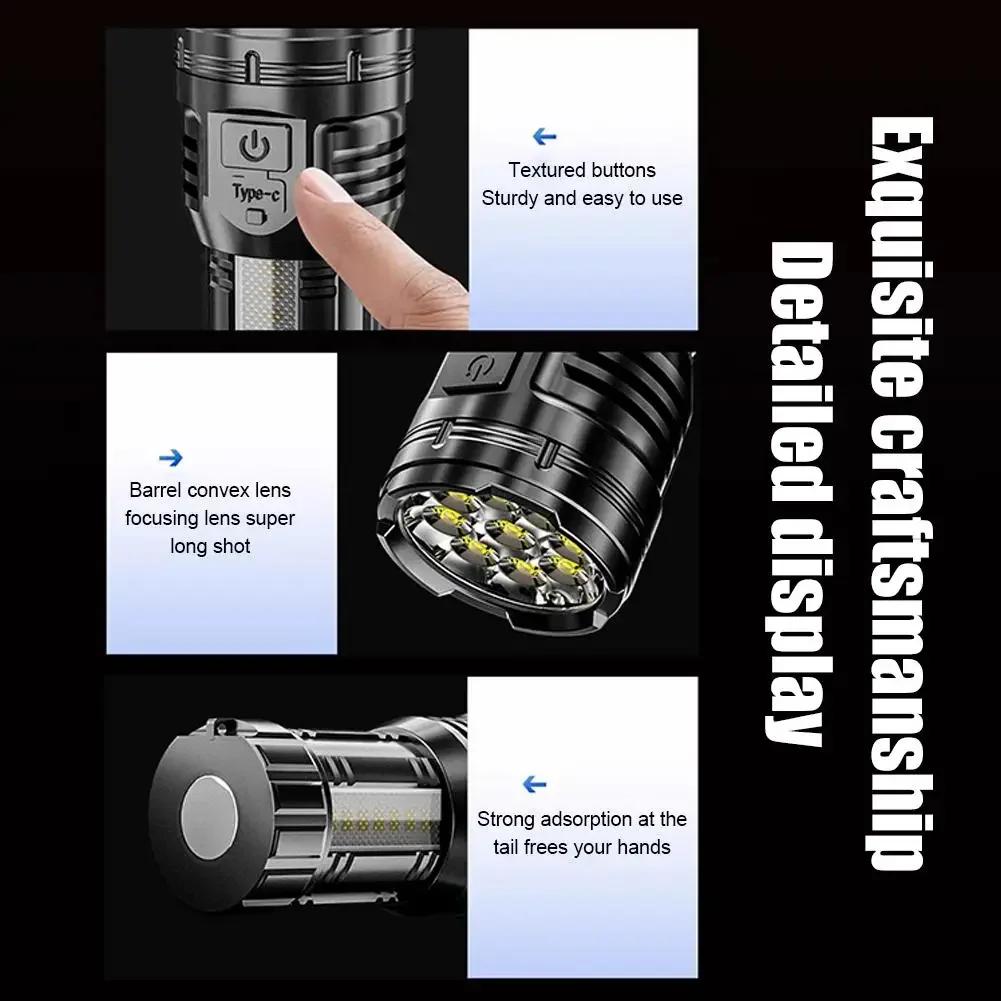 Мини-фонарик на 9 светодиодов с боковыми огнями, портативный перезаряжаемый светодиодный фонарь из АБС-пластика, встроенный аккумулятор, мощный фонарь, 4 режима освещения