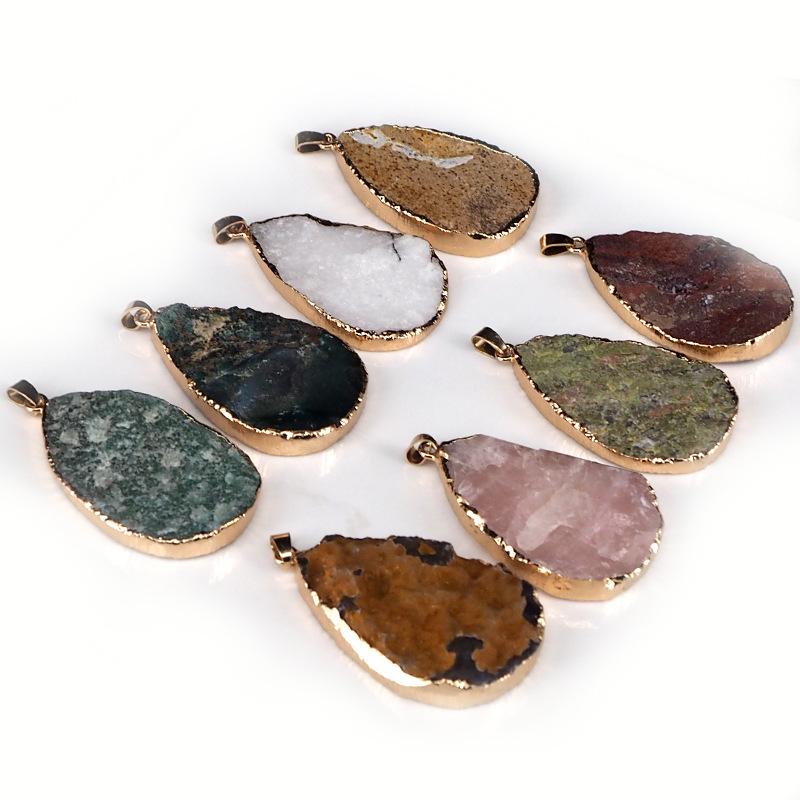 HZ Hot Sale Raw Gemstone Wire Wrapped Pendant Jewellery Crystals Plating Gold Necklace Pendant Druzy Agate Pendants