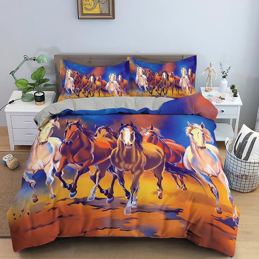 3D Пододеяльник с лошадьми King Queen Size Черно-белый Чистокровные Набор постельного белья Для подростков Взрослых Животное 2/3 шт. Полиэстер Чехол для одеяла