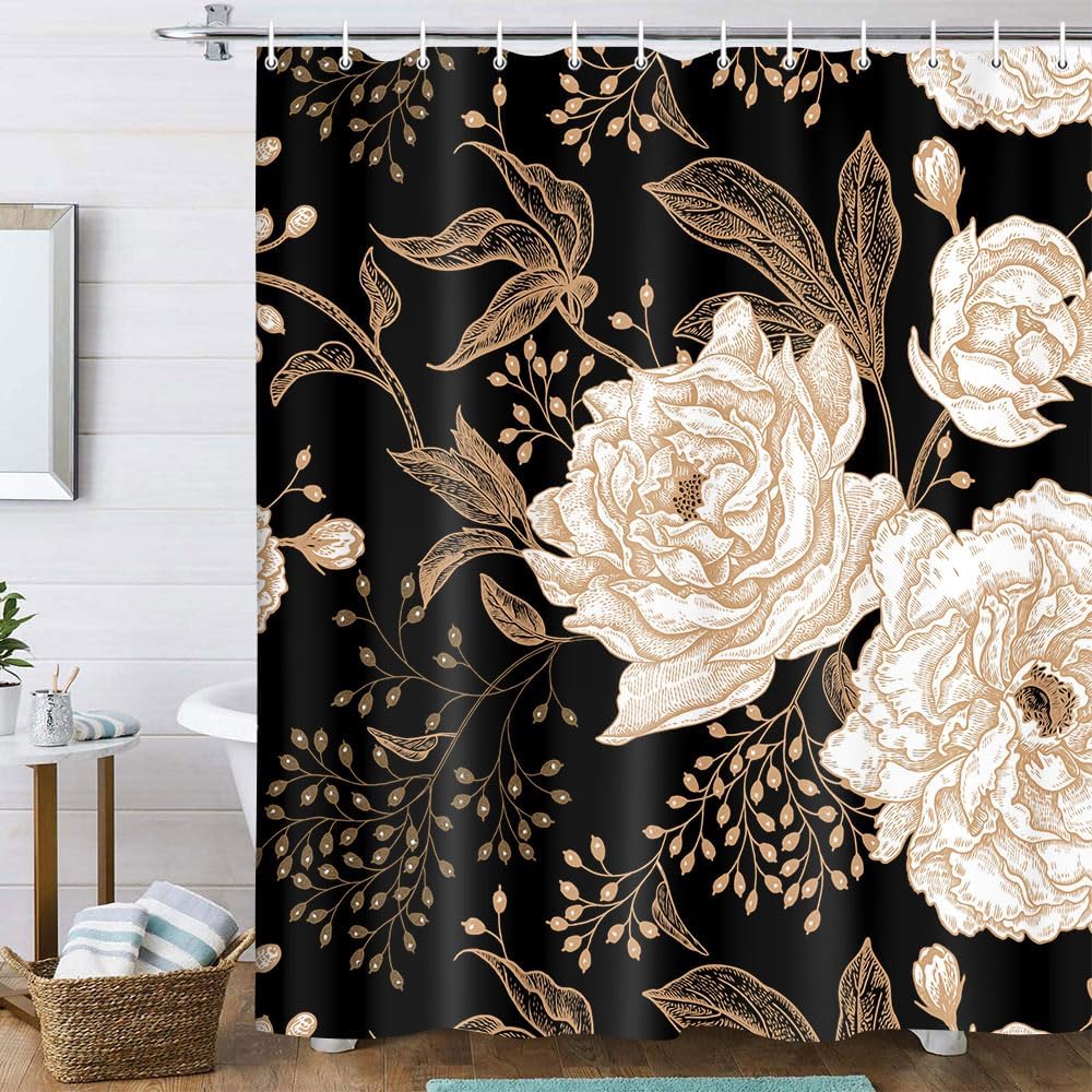 Занавеска для душа Torich Black Gold Floral, Бохо Темные Розы Листья Ботаническая Эстетика Цветочная Занавеска для Ванной с Крючками