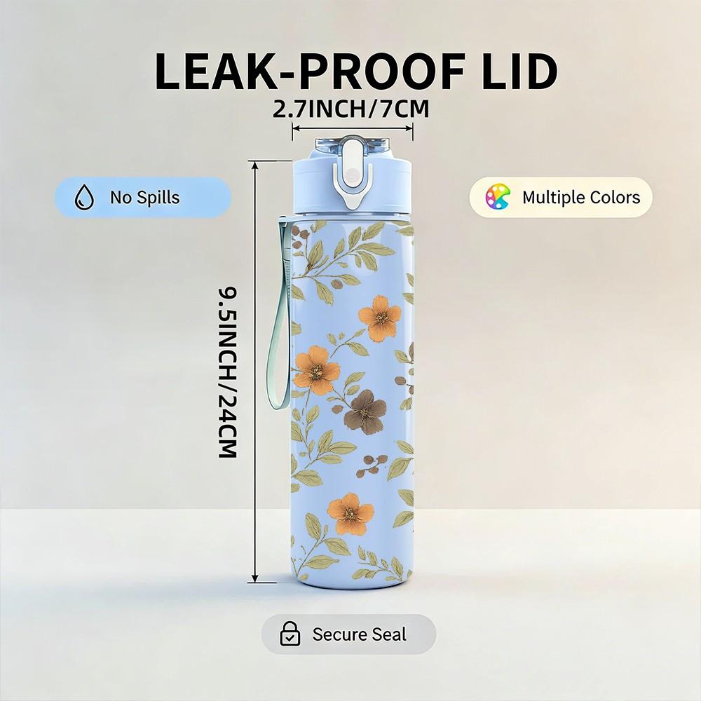 1PC Vintage Botanical Floral 750ml Color Plastic Sports Water Bottle Leakproof Flip Straw Lid Suitable for Sports Office Home Use