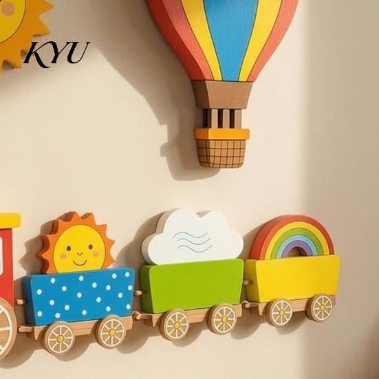 Easy Install Wall Accents 4Pcs Cartoon Train Hot Air Balloon 3D Wooden Decor, Colorful Kids Decorative Wood Shapes Room Hanging, Nursery Educational