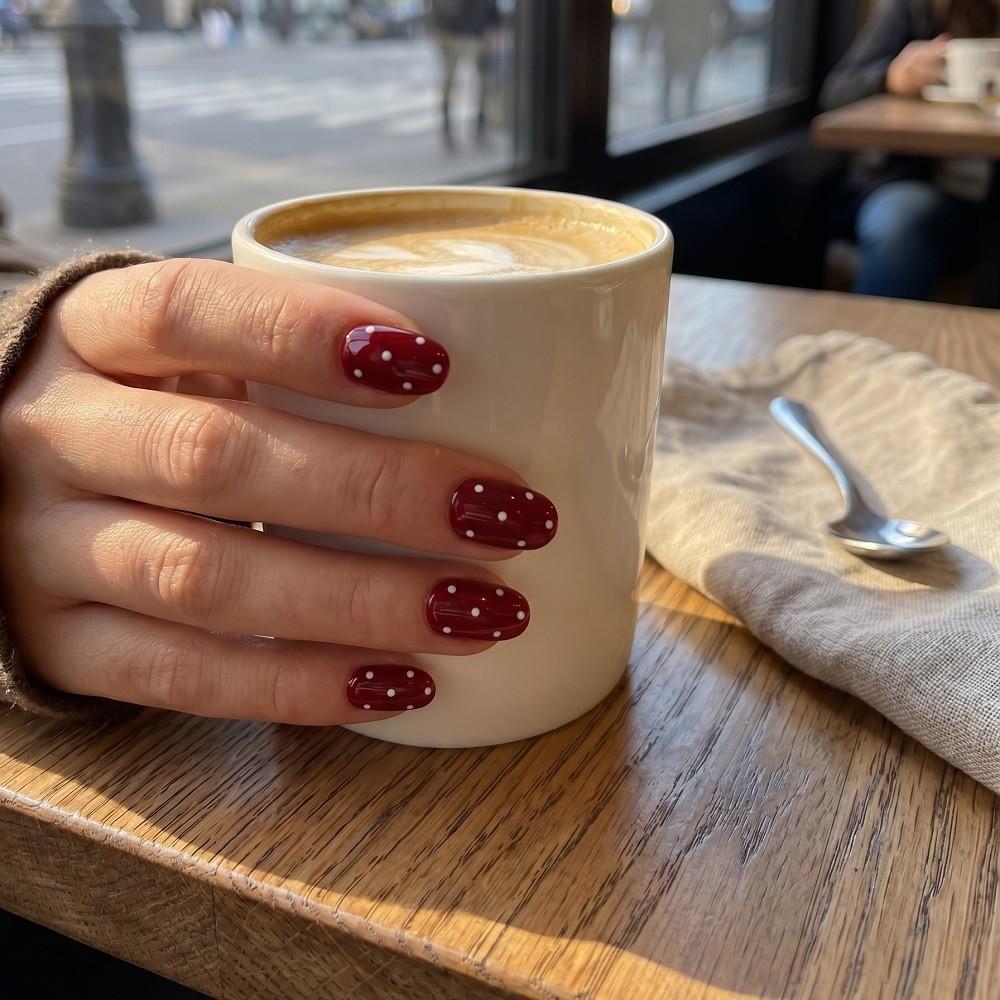 Handmade Press On Nail Simple French Solid Wine Red Gloss Polka Point Short Fake Nail Patch Artificial Nail Reusable