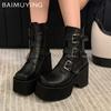Женские ботильоны на платформе с квадратным носком, дизайнерские туфли с пряжкой, тренд 2024 года, зимние туфли-лодочки, мотоциклетные ботинки в готическом стиле