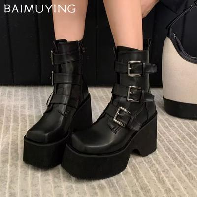 Женские ботильоны на платформе с квадратным носком, дизайнерские туфли с пряжкой, трендовые зимние туфли-лодочки, мотоциклетные ботинки в готическом стиле