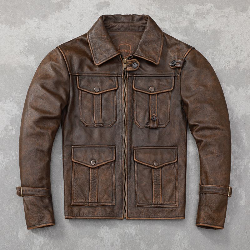 Новая модная мужская кожаная куртка, тонкая ретро каменная фрезерованная винтажная куртка из воловьей кожи, мужские пальто, осенняя одежда