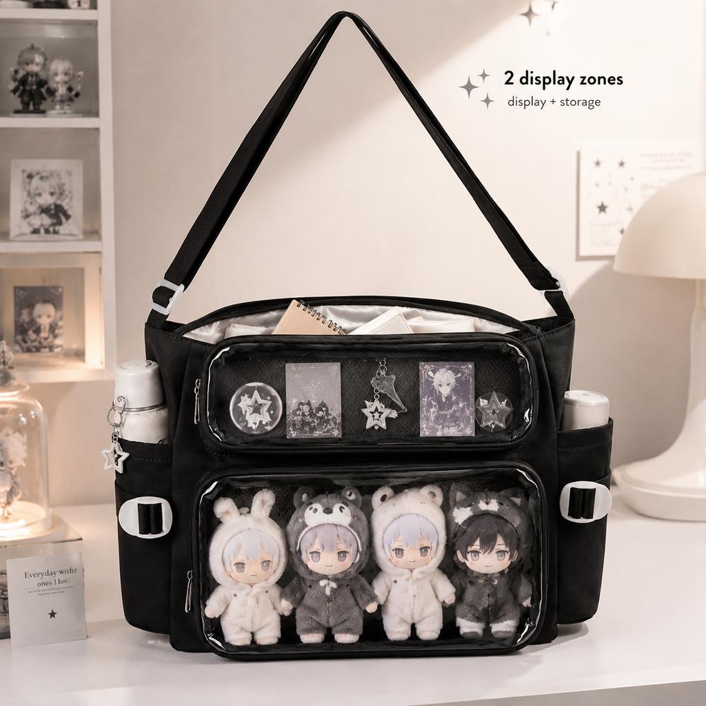 Black Ita Bag Dual Clear Window Plush Pin Badge Display Shoulder Bag with Side Pockets for Collectors