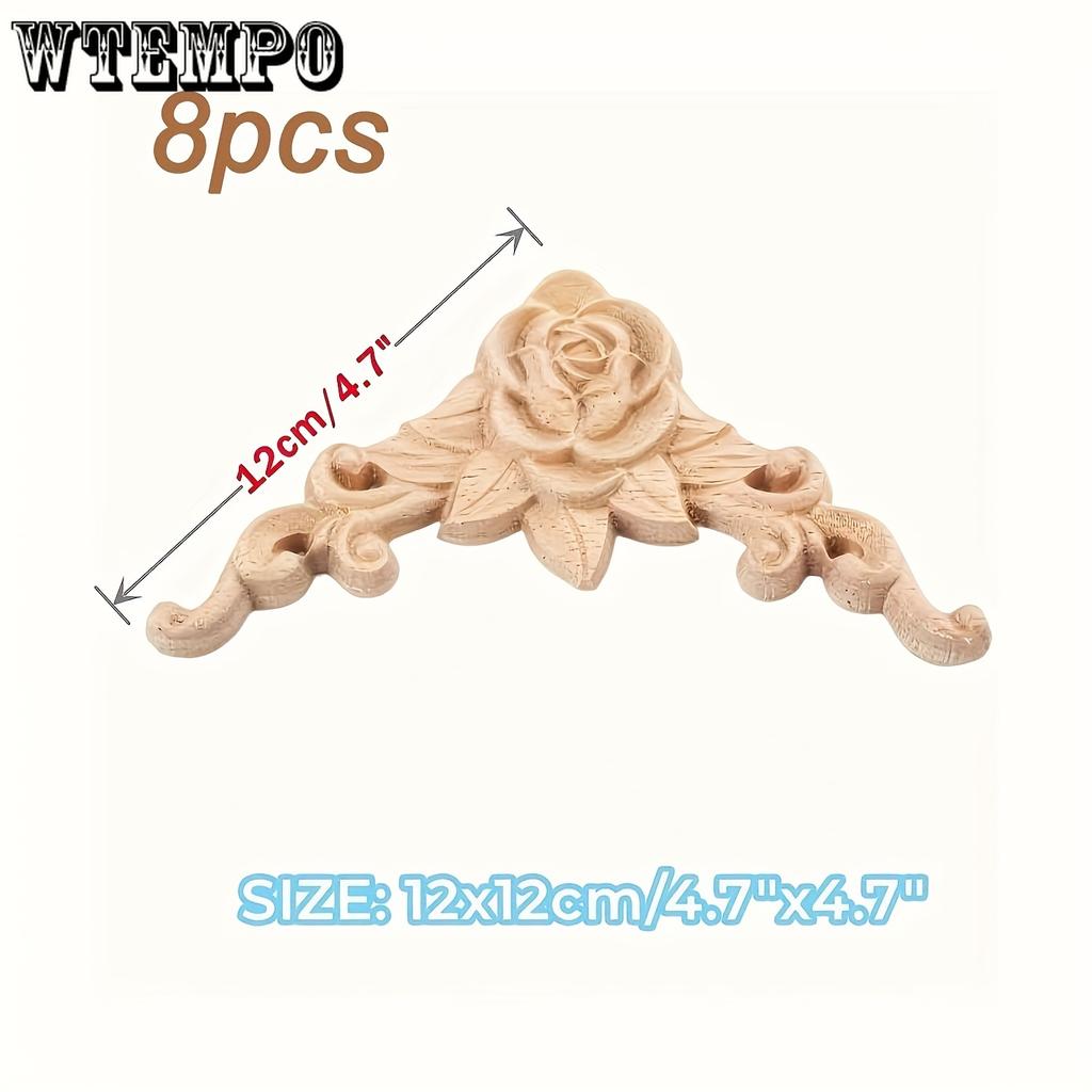 8pcs Carved Wood Appliques for Furniture, French-Style Floral Corner Woodcarvings, Unpainted Solid Wood Decorative Rosettes