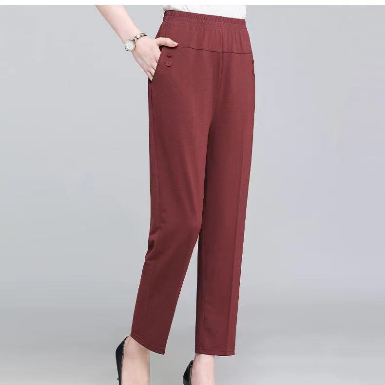 Women Summer Silk Comfortable High Waist Elastic Long Ladies Pants