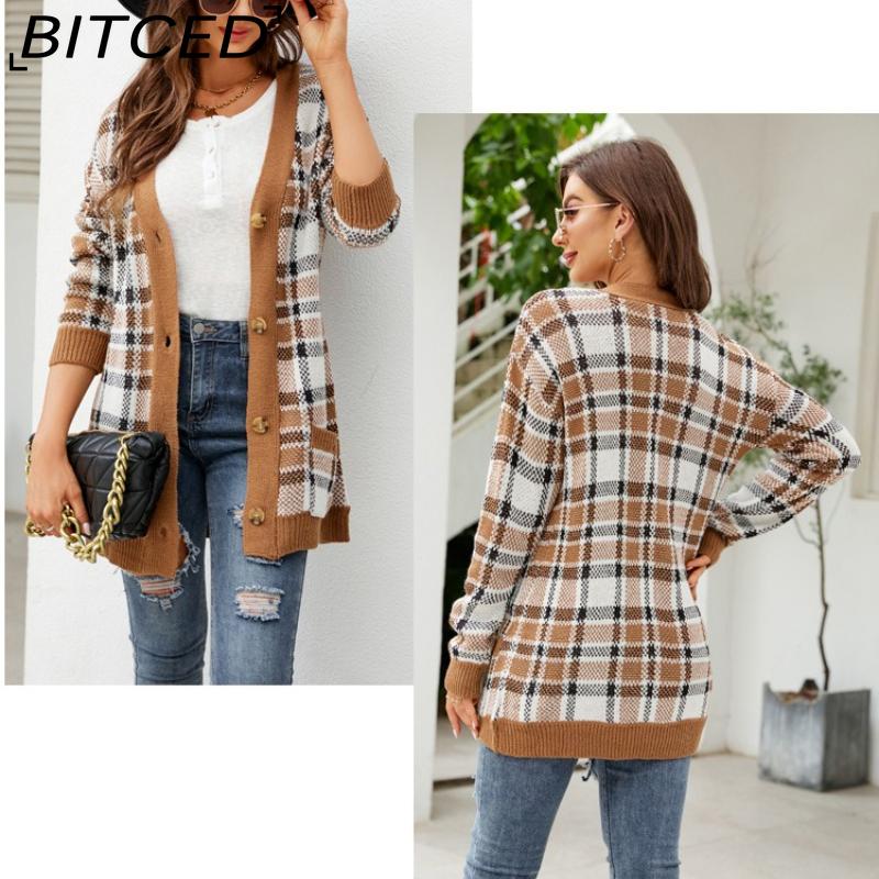 BITCED Autumn/Winter Women's Diamond-Patterned Oversized Knitted Cardigan Jacquard Mid-Length Sweater Coat