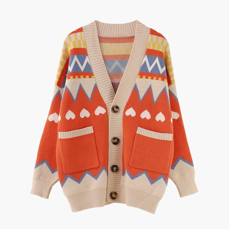 Женский кардиган оверсайз с принтом в виде сердечек, милый мягкий тонкий вязаный жакет с v-образным вырезом и пуговицами, винтажный кардиган для женщин