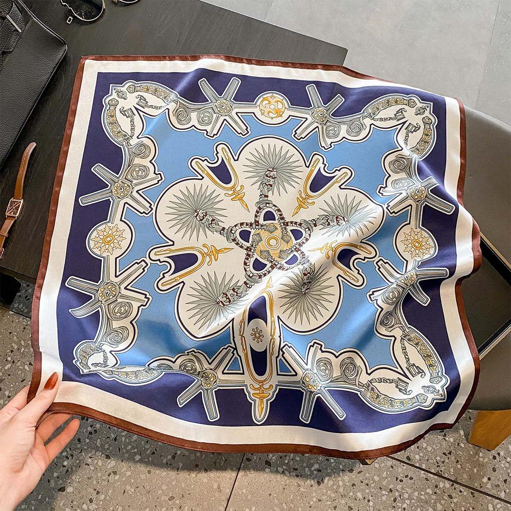 Korean Style Camellia Printed Silk Square Scarf For Women Office Neck Shawl