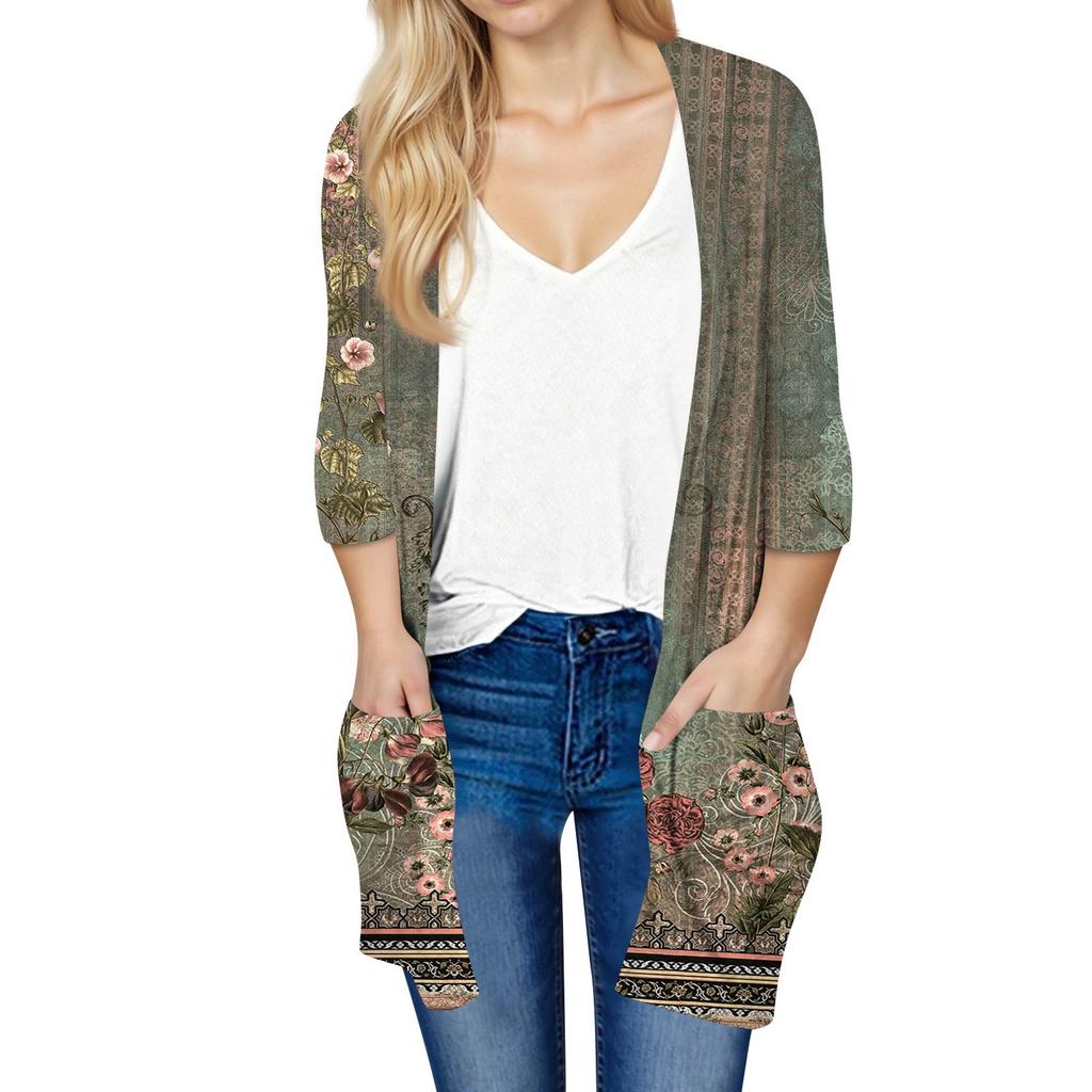 Женский модный свободный повседневный кардиган с принтом и карманами, куртка с рукавом семь восьмых, топ