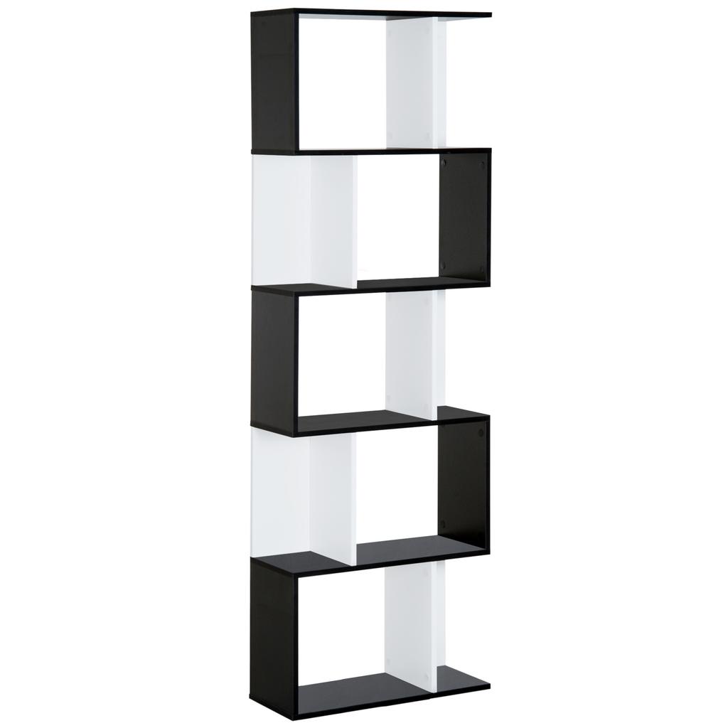 Bookcase, S-Shaped Wooden Bookshelf, 5/6 Tiers Freestanding Storage Shelf, Home Office Decorative Display Stand Rack, Black and White