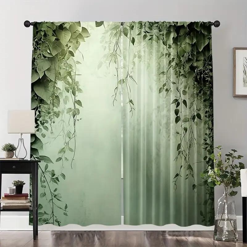 2pcs Lush Green Vine Printed Curtains, Designed for Light Filtering, Quality Material, Ideal for Nature-Inspired Home Window Dec