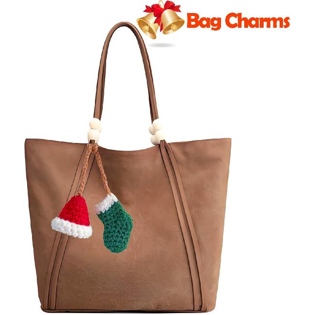 Handmade Hat and Stocking Rear View Mirror Accessories, Cute Crochet Decoration Car Mirror Hanging Accessories, Car Hanging Ornament and Bag Charm