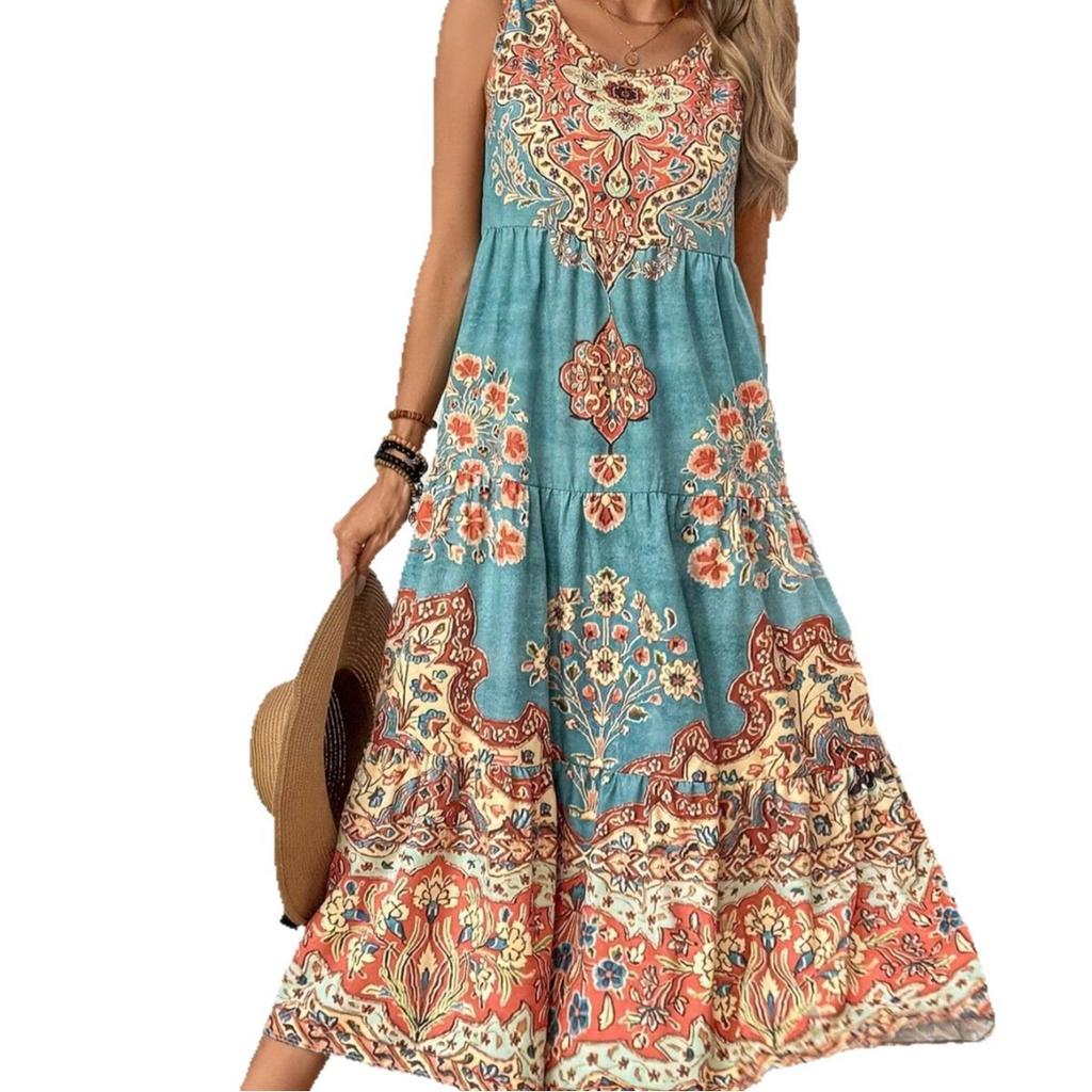Платье макси с цветочным принтом в стиле бохо, повседневное платье больших размеров для женщин, модный сарафан без рукавов, винтажное платье