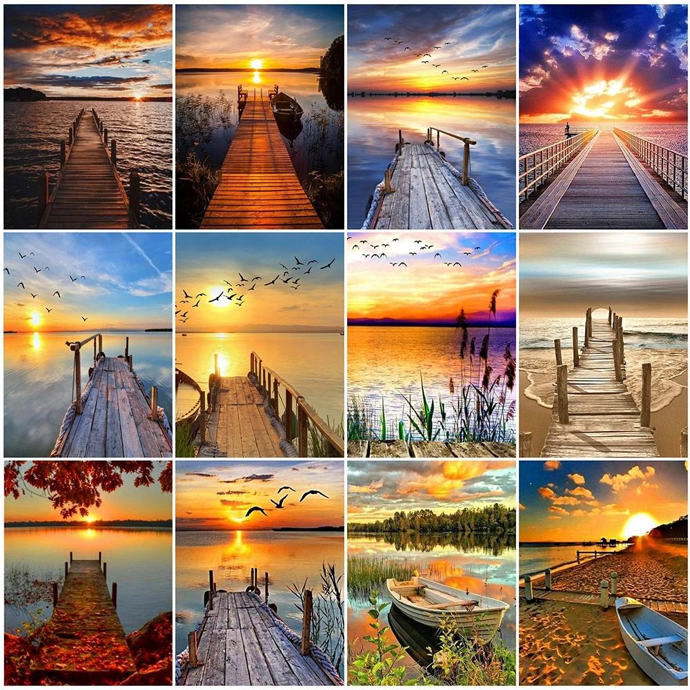 Полная дрель квадратная алмазная живопись Мост 5D DIY Алмазная вышивка Закат Мозаика Искусство Пейзаж Украшение дома